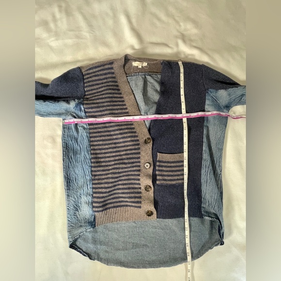 Gilded Intent Pieced Denim Cardigan Sweater Navy Gray Denim - Picture 10 of 11